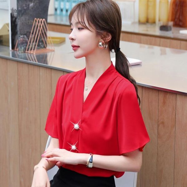 

women's blouses & shirts summer covered belly chiffon shirt 2021 temperament was thin short-sleeved foreign blouse women, White