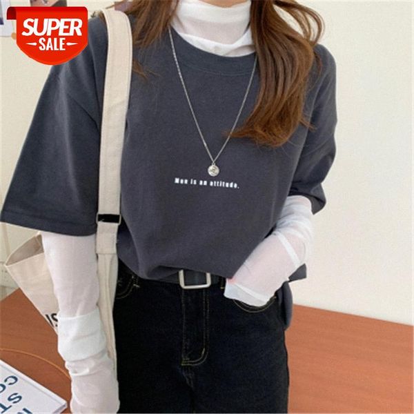 

white bottoming shirt, new korean version of the letter print, short-sleeved t-shirt, women's mid-length #dn5p