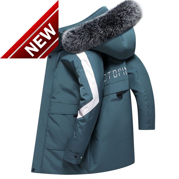 

winter down jacket men 2021 new fashion hooded fur collar keep warm long outerwear windproof thick white duck coat, Black
