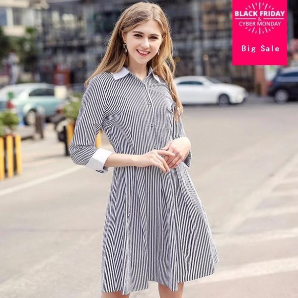 

casual dresses 2021 summer fashion brand women's shirt style striped dress female high waist was thin beautiful wj1899 with belt, Black;gray