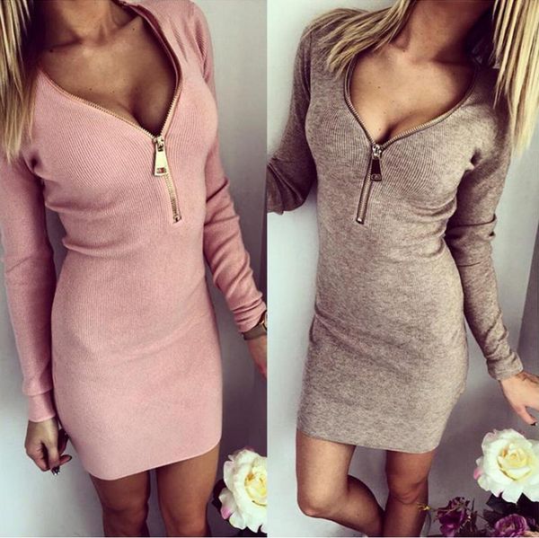 

women's tight-fitting threaded v-neck zipper warm long-sleeved winter bodycon dress short female party casual dresses, Black;gray