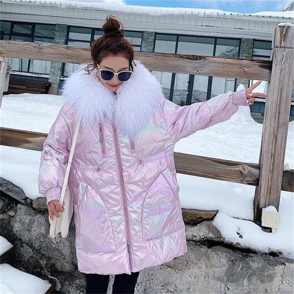 

women's down & parkas pink glossy down jacket real mongolia sheep fur collar 90% white duck woman winter coat i2ep, Black
