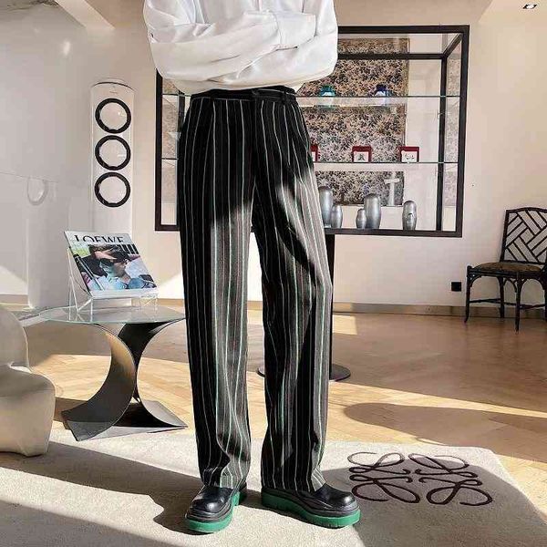 

men's iefb korean tide wide leg long trousers for men temperament green stripe fashionable straight pants contrast color cloth 9y6411 p, Black