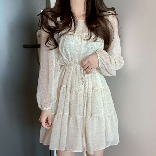 

casual dresses dress women clothesspring sweet soft round neck pleated lace up waist slim long sleeve floral short skirt girl 2icy, Black;gray