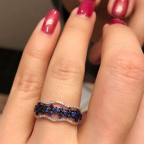 

blue crystal women rings multi layer engagement wedding fashion charms shine for jewelry wholesale, Slivery;golden