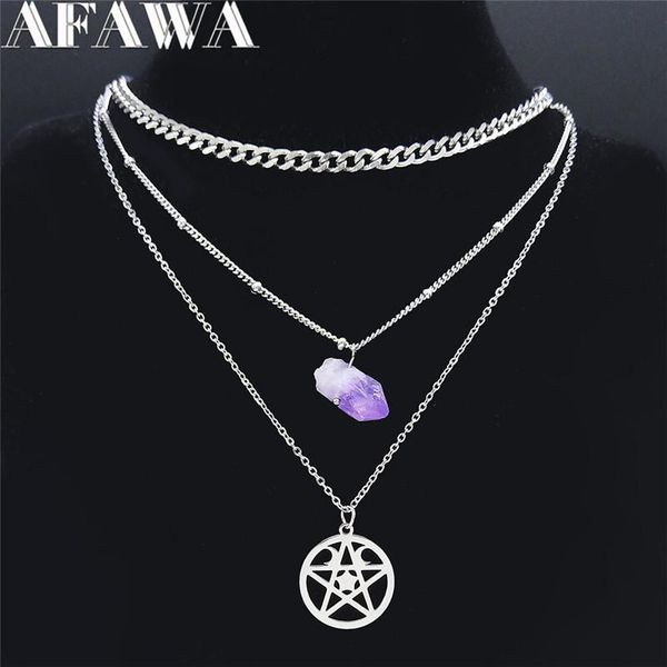 

pendant necklaces 2021 3 layers stainless steel purple crystal witchcraft heart with moon charm necklace women silver color jewelry collares