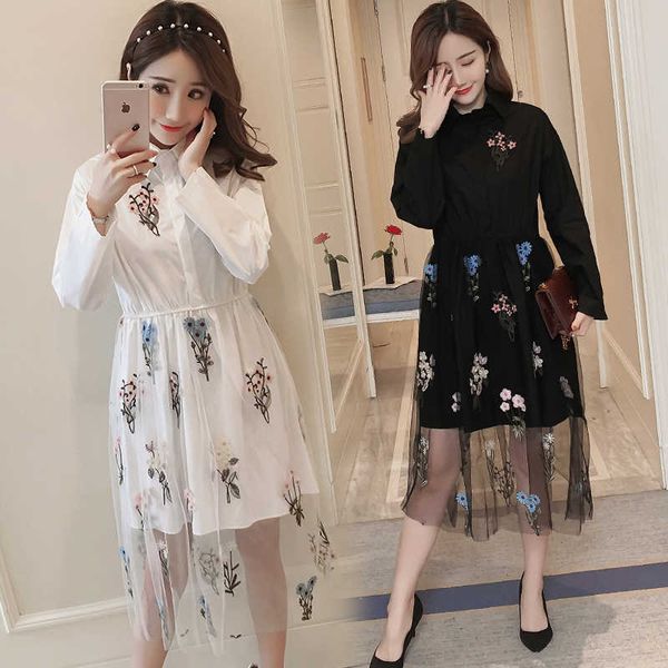 

9197 new pregnant women's embroidered gauze shirt dress in spring x0902, White