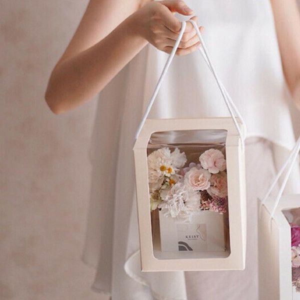 

portable design transparent flower packing with handle clear window square shape paper box el party gift boxes wrap