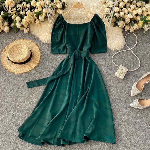 

neploe square collar clavicle exposed dress women high waist hip sashes a line vestidos short sleeve summer solid robe slim 210423, Black;gray