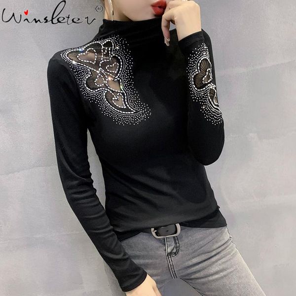 

fall winter european clothes t-shirt chic transparent shiny cotton diamonds beads women ropa mujer tees black t09201l women's, White