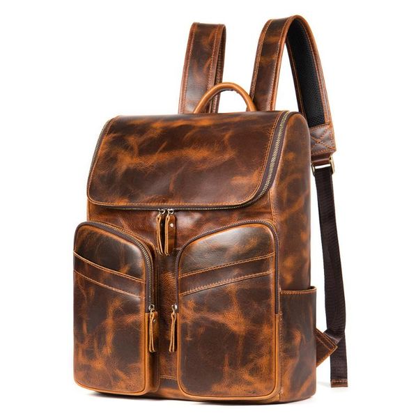 

backpack men school bags knapsack male daypack travel camputer bag vintage 100% genuine leather rucksack