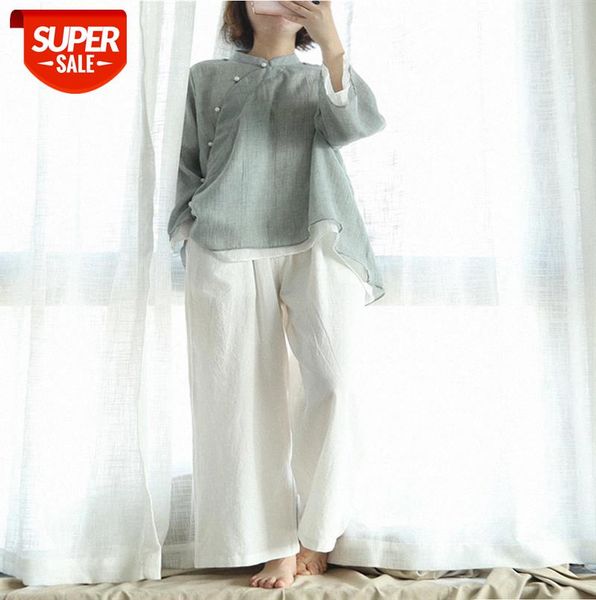

606-0123 retro zen tea clothes hanfu solid color stand-up collar diagonal placket chinese disc button long-sleeved shirt #qn7c, Black;gray