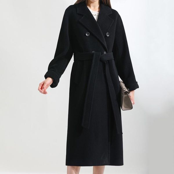 

women's trench coats autumn winter mid-length woolen coat solid color double breasted cotton loose casual overcoat, Tan;black