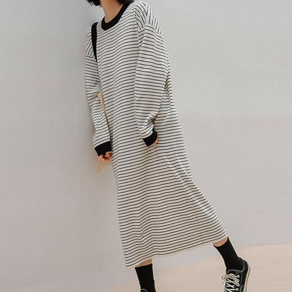

casual dresses cotton long t shirt for women loose spring sleeve maxi dress oversized black striped girl, Black;gray
