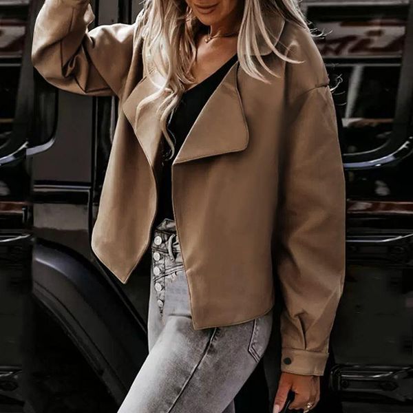

women's jackets women long sleeve leather celmia fashion lapel collar short coats 2021 casual holiday solid outwear autumn streetwear, Black;brown