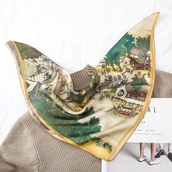 

scarves 52cm 100% pure silk scarf square for women ancient china printed shawl wrap spring summer neckerchife hair band lady bandanas, Blue;gray
