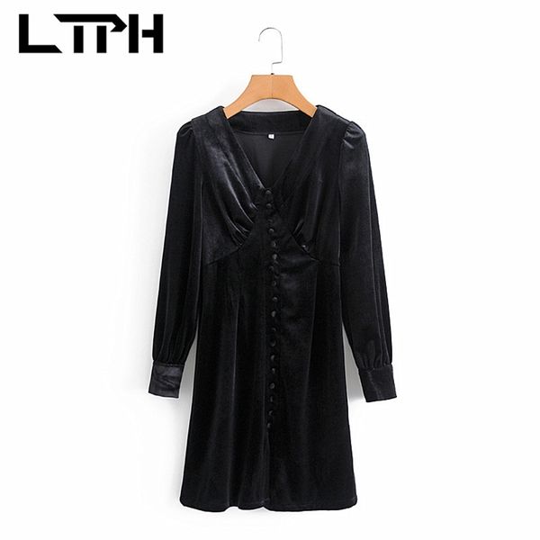 

ltph french simple v-neck long sleeve women dress vintage single breasted elegant suede high-waist dresses autumn 210423, Tan;black