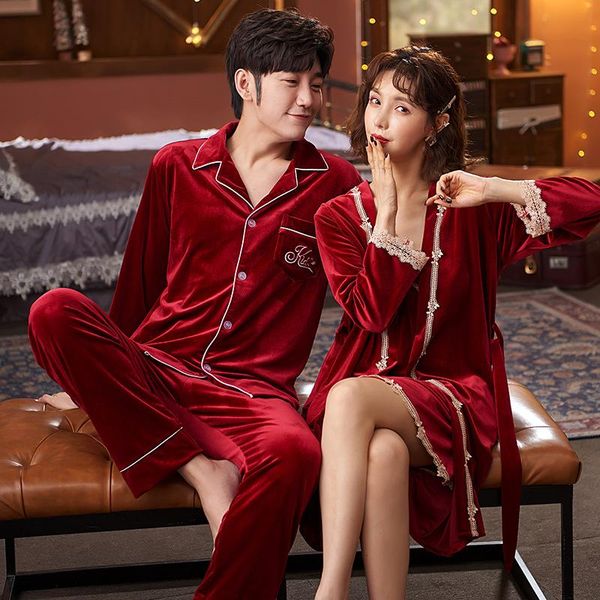 

velour couple 2pcs sleepwear robe kimono gown autumn winter velvet nightwear sleep set soft loose home clothes intimate lingerie women', Black;red