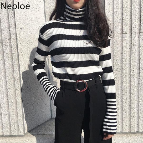 

neploe woman sweaters korean clothesturtleneck pullovers knitwear fashion striped casual long-sleeved slim pull femme 210422, White;black