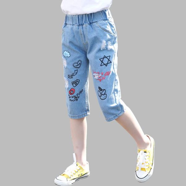 

jeans summer for girls graffiti pattern casual style children teenage children's clothing girl, Blue