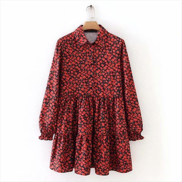 

vintage pleats red flower women dress print mini long sleeve casual vestidos chic sweet ruffles dresses ds3045, Black;gray