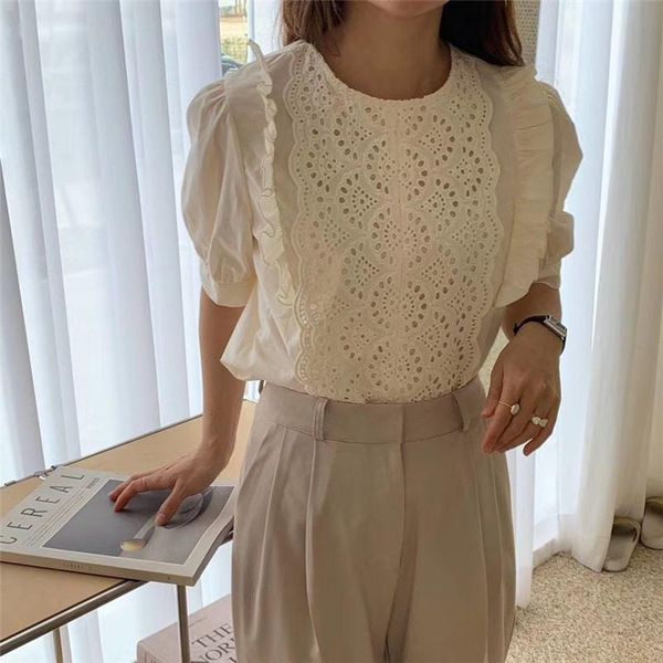 

women's blouses & shirts chic elegant fashion fashionable sweet girl summer for women lace up hollow out ruffles o-neck loose comfort t, White