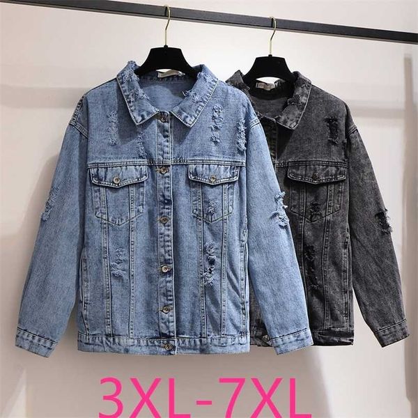 

spring autumn plus size women clothing jacket for large long sleeve casual loose cotton hole blue denim coat 7xl 211014, Black;brown