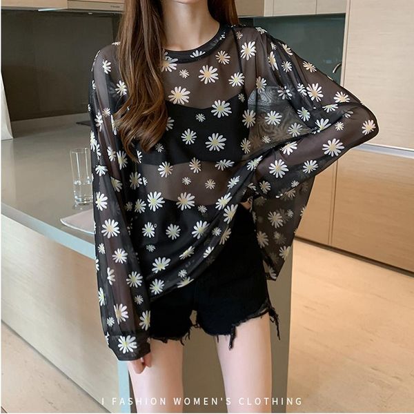 

women's t-shirt 2021 arrival summer daisy flower print mesh t shirt women korean long sleeve fishnet clothes fashion sunscreen tee, White