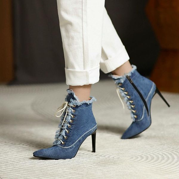 

boots denim boot high heels women lace up ankle pointed toe lady shoes spring footwear casual size 42 43, Black