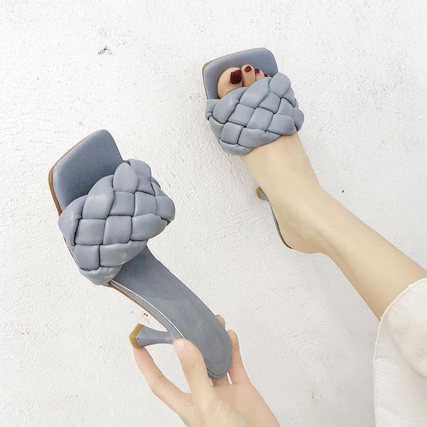 

shoes female slippers women summer luxury slides heeled mules square toe thin heels 2021 designer high rome pu rubber, Black