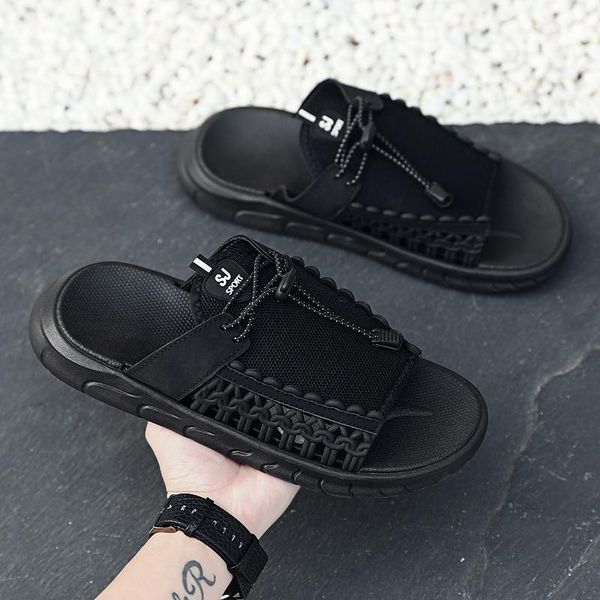 

slippers black mesh weave men slides casual unique mens summer indoor beach outdoor flat sandals non-slip