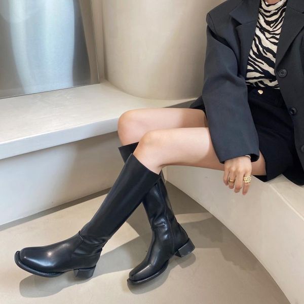 

boots women knee high square toe mid heels ladies pu microfiber solid zipper elegant female shoes autumn winter footwear, Black