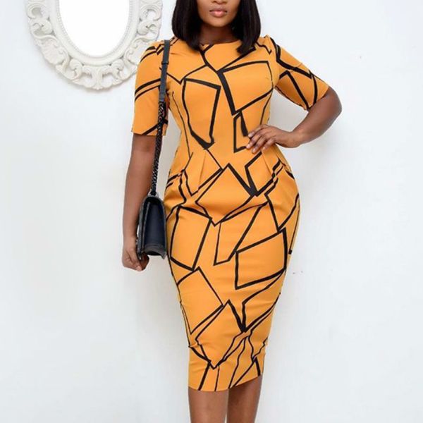 

women print bodycon dress yellow short sleeves o neck office lady slim elegant vestidos modest african large size summer fashion 210416, Black;gray