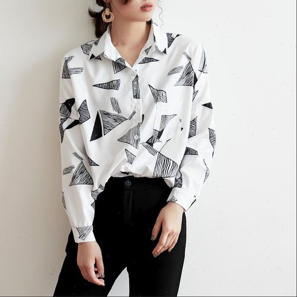 

geometric print chiffon women blouses loose white casual blusas mujer spring