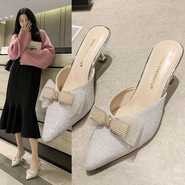 

luxury slippers high heeled half slippers 2021 summer wear fairy style mh bow pointed thin heel sandals, Black