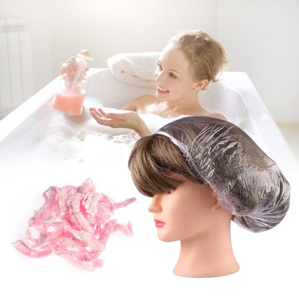 

shower caps 100pcs disposable bathroom use transparent plastic waterproof bathing hats catering hat travel camping accessories