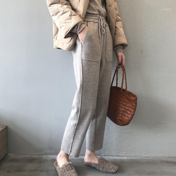 

autumn spring women pants fashion soild color kintted straight loose ankle length vintage femlae casual drawstring women's & capris, Black;white