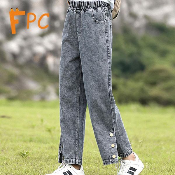 

jeans girls solid brief button slit wide leg pants straight elastic waist ankle length denim for 4-15y kids spring, Blue