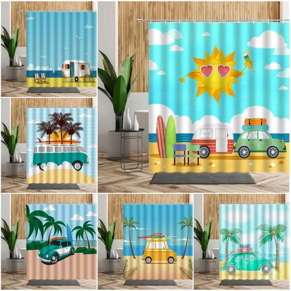

creativity camping car shower curtain 3d boy cartoons bathtub decoration waterproof polyester fabric bath curtains set with hook