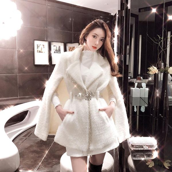 

women's wool & blends autumn winter fashion women cashmere cloak coat belted thick white shawl jacket woolen female cape batwing sleeve, Black