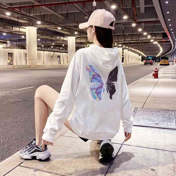 

2021 spring and autumn new hooded student korean casual butterfly print loose ins tide 100 cotton sweater, Black