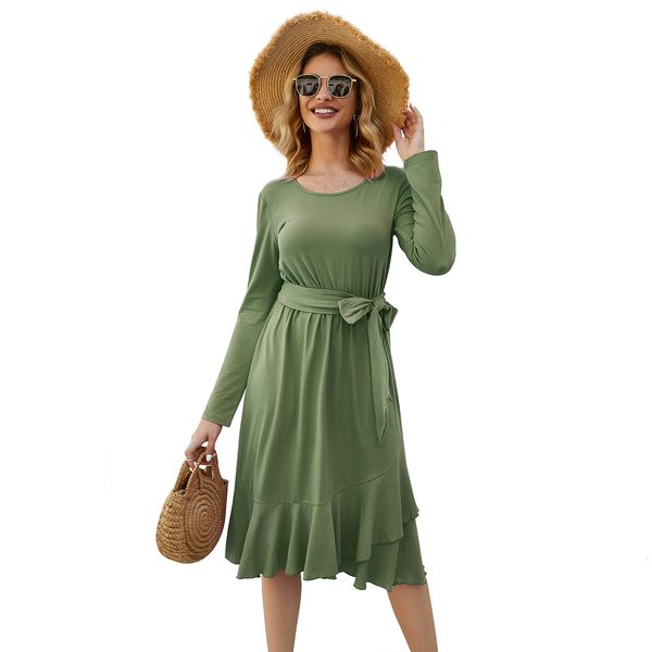 

dress loose casual solid female long sleeves, elegant lady dressed with wl332 belt, Black;gray