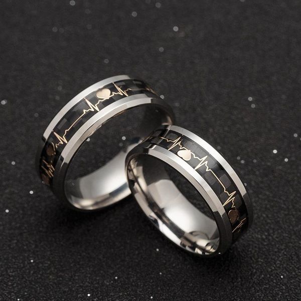

cluster rings men luminous mood ecg ring temperament men's carbon fiber couple wedding valentine's day gift, Golden;silver