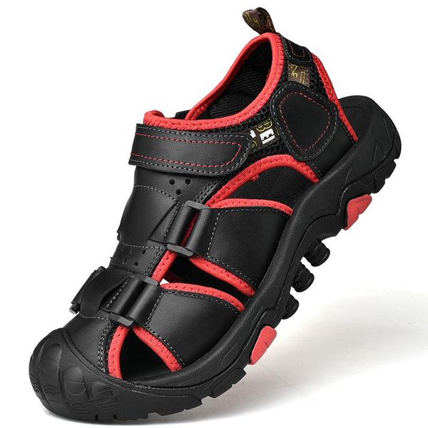 

sandals sumer closed-toe men soft genuine leather beach waterproof sandalias hombre outdoor walking footwear chaussure homme, Black
