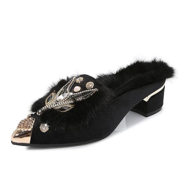 

womens pointy metal toe fur rhinestones crystal decor warm winter mules block heel shoes furry 2021 luxury slippers, Black