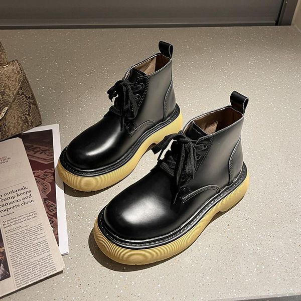 

boots women platform ankle 2021 autumn lace up leather army combat fashion gothic shoes women's short motorcycle, Black