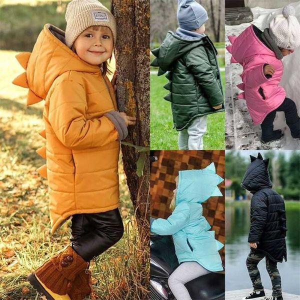 1-7 T Kış Kalın Kapitone Ceket Sıcak Ceketler Çocuk Toddler Bebek Kız Erkek Fermuar Fly Hoodie 3D Dinozor Kuyruk Şekli Dış Giyim 5 Renkler 211204