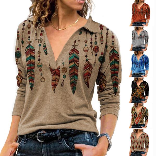 

ladies loose long-sleeved t-shirt v-neck pullover floral print blouse simple and versatile autumn and winter clothing casual outerwear 008, White