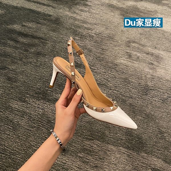 

luxury dress shoes kasdi rivet 2021 summer pointed liuding high sho with thin heel, Black