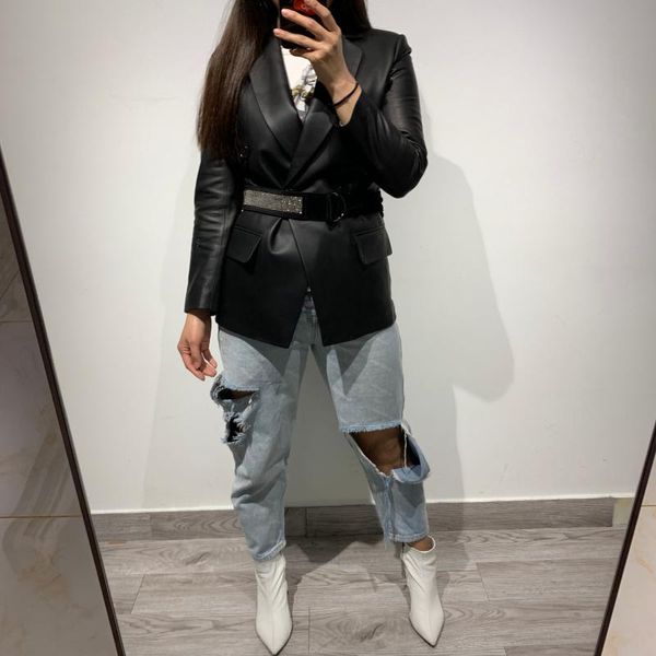 

women's leather & faux lady blazer women real lambskin jacket, Black